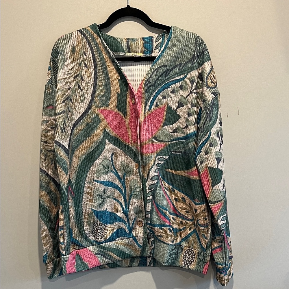 Tropical Botanical Button Cardigan - Green, Pink, Blue
